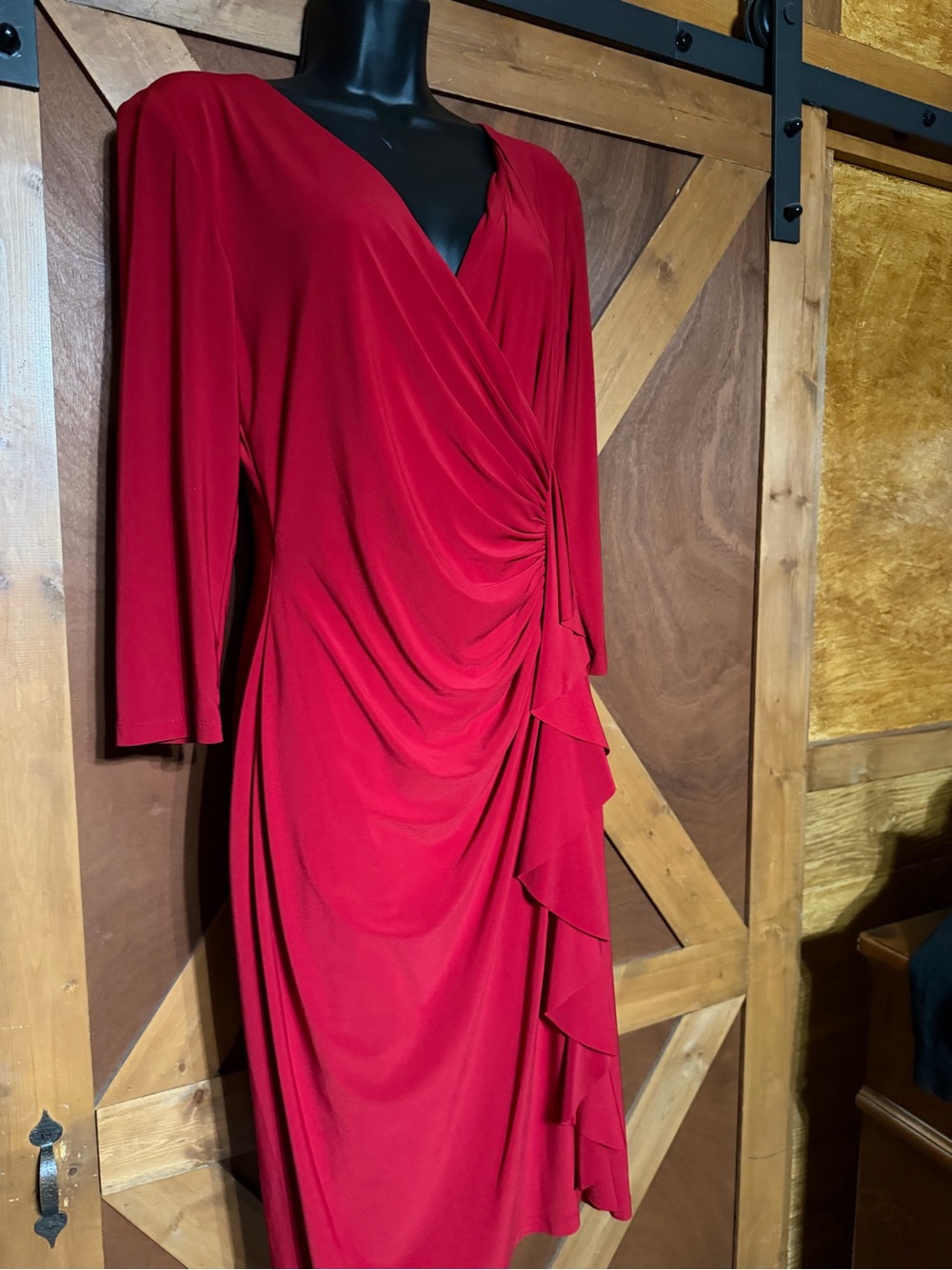 American Living Red Draped Ruffle-Front Long Sleeve Dress